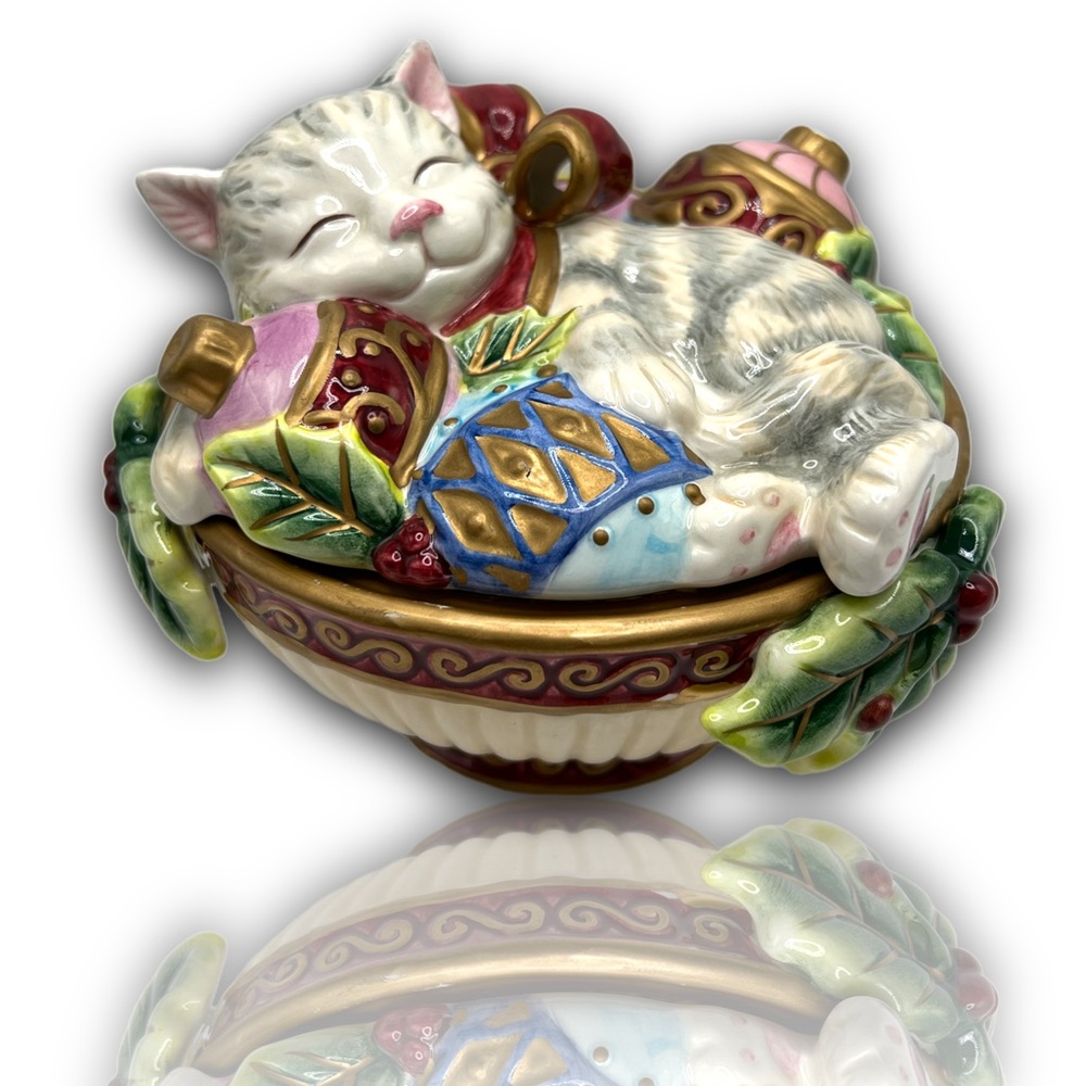 Fitz and Floyd | Kristmas Kitty | Candy Bowl | Sleeping in Yarn Bowl | Christmas